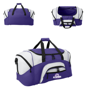 Multiple exterior and interior views of the purple and white Royal Valley Jr. Panthers cheer duffel bag