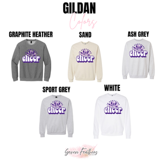 Royal Valley Jr. Panthers retro cheer crewnecks in graphite heather, sand, ash gray, sport gray, and white