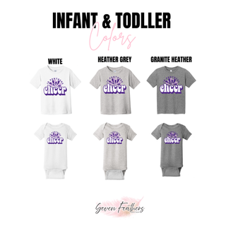 Royal Valley Jr. Panthers retro cheer infant bodysuits and toddler tees in white, heather gray, and granite heather
