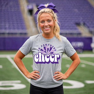 Model wearing a gray Royal Valley Jr. Panthers retro cheer top with a purple and lavender pom graphic