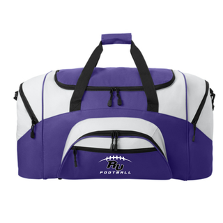 Front view of purple and white Royal Valley Jr. Panthers RV Football duffel bag