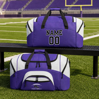 Purple and white Royal Valley Jr. Panthers RV Football duffel bag with optional name and number at a football field