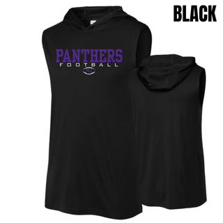 Black Royal Valley Jr. Panthers Varsity Football Sleeveless Performance Hoodie shown from the front and back
