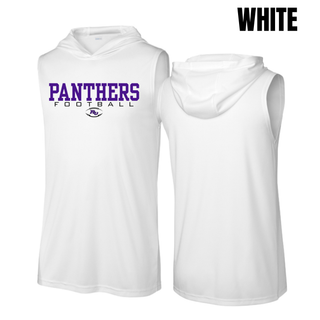 White Royal Valley Jr. Panthers Varsity Football Sleeveless Performance Hoodie shown from the front and back