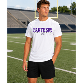 Model wearing a white Royal Valley Jr. Panthers varsity football spirit wear top on a football field
