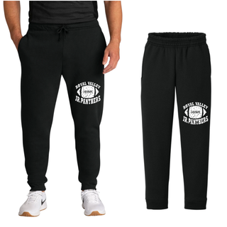 Black Royal Valley Jr. Panthers core fleece joggers with a distressed white football graphic on the left leg