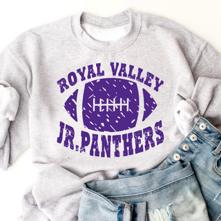 Sport grey Royal Valley Jr. Panthers crewneck sweatshirt with a distressed purple football graphic