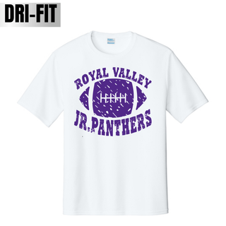 White Royal Valley Jr. Panthers Dri-Fit performance top with a distressed purple football graphic