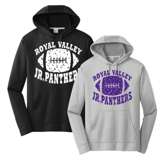 Black and silver Royal Valley Jr. Panthers performance hoodies with distressed football graphics