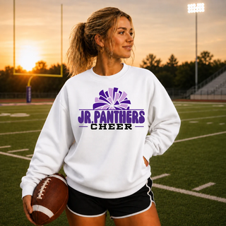 Model wearing a white Royal Valley Jr. Panthers cheer crewneck with purple front graphic