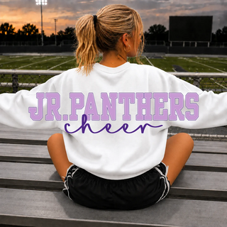Oversized Jr. Panthers Cheer lettering across the back of a white crewneck sweatshirt