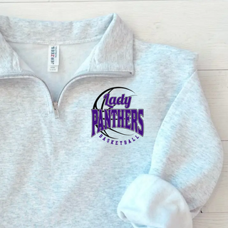 Ash Grey cadet quarter-zip sweatshirt with the Lady Panthers Basketball design on the left chest, laid flat on a wood surface