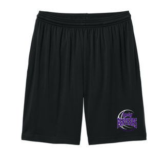 Black cooling performance shorts with a Lady Panthers Basketball design in purple near the hem