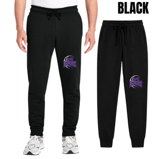 Man wearing black fleece joggers with a Lady Panthers Basketball design on the front of the leg, with a flat lay of the joggers