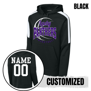 Black hoodie with white shoulder panels and the purple Lady Panthers design on the chest, with an inset showing a white name and number on the back