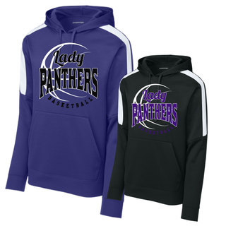 Purple and black hoodies with white shoulder panels and the Lady Panthers Basketball design centered on the chest