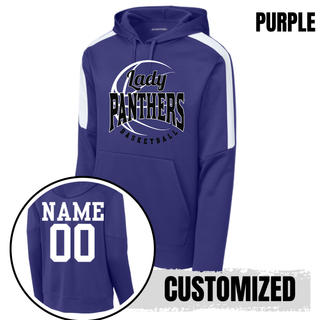 Purple hoodie with white shoulder panels and the Lady Panthers design on the chest, with an inset showing a white name and number on the back