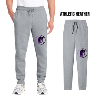Man in athletic heather core fleece joggers with the Half Court Prowl design on the leg, shown with a flat lay