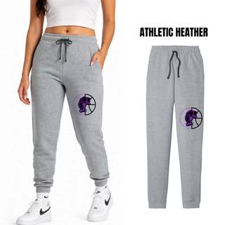 Woman in athletic heather core fleece joggers with the Half Court Prowl design on the leg, shown with a flat lay