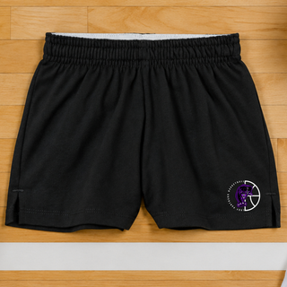 Black jersey knit squad shorts with the Half Court Prowl design near the hem, laid flat on a gym floor
