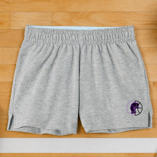 Heather grey jersey knit squad shorts with the Half Court Prowl design near the hem, laid flat on a gym floor