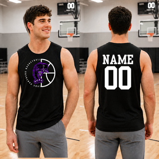 Man in a gym wearing a black competitor tank with the Half Court Prowl design and a white name and number on the back