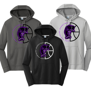 Charcoal, black, and silver performance hoodies with the Half Court Prowl Lady Panthers Basketball design