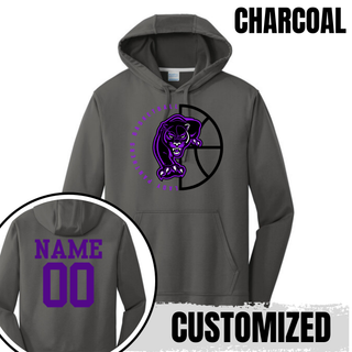 Charcoal performance hoodie with the Half Court Prowl design and a purple name and number on the back