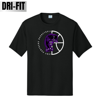 Black performance top with the Half Court Prowl design, a purple panther over half a basketball in white lettering