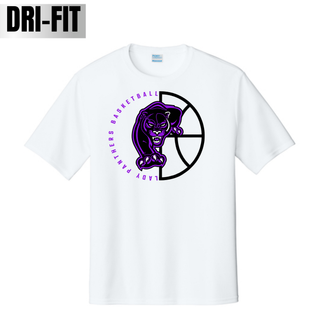 White performance top with the Half Court Prowl design, a purple panther over half a basketball in purple lettering
