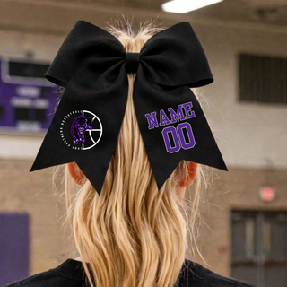 Black cheer bow on a ponytail with the Half Court Prowl Lady Panthers design and a purple name and number on the tails