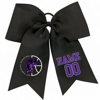 Black cheer bow with the Half Court Prowl design on one tail and a purple name and number on the other