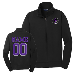 Black fleece full-zip jacket with a left chest Half Court Prowl design and a purple name and number on the back