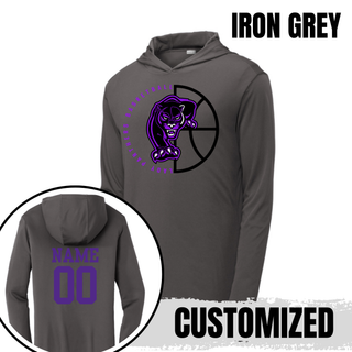 Iron grey PosiCharge hooded pullover with the Half Court Prowl design and a purple name and number on the back
