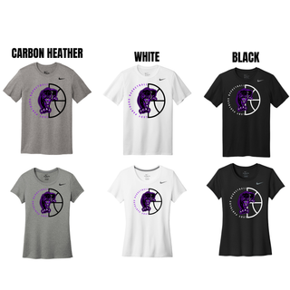 rLegend tee color chart in carbon heather, white, and black, men's and women's cuts, with the Half Court Prowl design