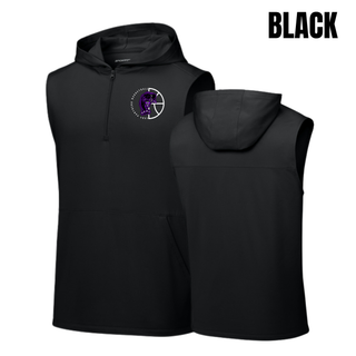 Black sleeveless hooded quarter-zip with the Half Court Prowl left chest design, front and back view