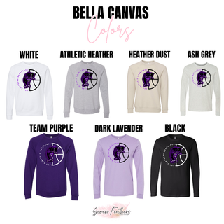 Bella Canvas color chart in white, athletic heather, heather dust, ash grey, team purple, dark lavender, and black
