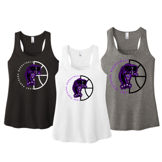Black, white, and grey frost women's racerback tanks with the Half Court Prowl Lady Panthers Basketball design