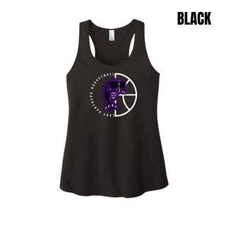 Black women's racerback tank with the Half Court Prowl design, a purple panther over half a basketball