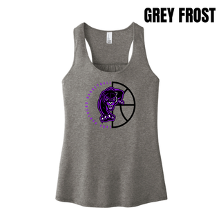 Grey frost women's racerback tank with the Half Court Prowl design, a purple panther over half a basketball