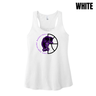 White women's racerback tank with the Half Court Prowl design, a purple panther over half a basketball