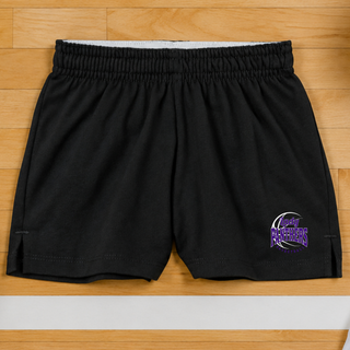 Black jersey knit squad shorts flat lay on a gym floor with a Lady Panthers Basketball design in purple near the hem