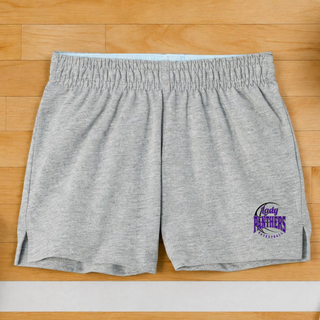 Heather grey jersey knit squad shorts flat lay on a gym floor with a Lady Panthers Basketball design in purple near the hem