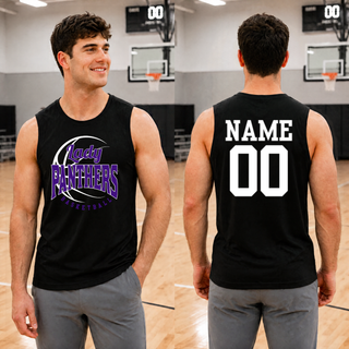 Man wearing a black sleeveless competitor tank with the purple Lady Panthers design on the chest, shown from the front and the back with a white name and number