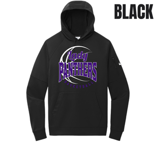 Black men's Therma-FIT pocket pullover hoodie with a Lady Panthers Basketball design in purple and white on the chest