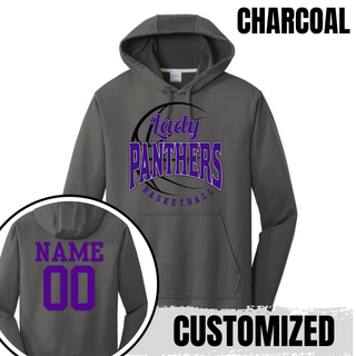 Charcoal performance hoodie with a Lady Panthers Basketball design on the front and a purple name and number on the back