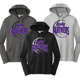 Charcoal, silver, and black performance hoodies with a Lady Panthers Basketball design in purple on the chest