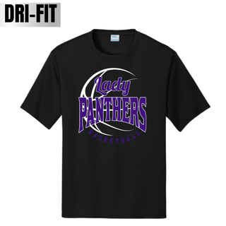 Black performance tee with a Lady Panthers Basketball design in purple and white on the chest