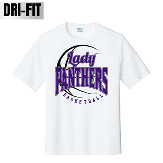 White performance tee with a Lady Panthers Basketball design in purple and black on the chest