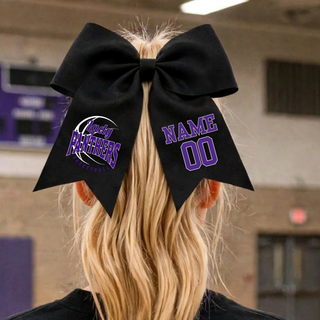 Black cheer bow worn in a ponytail with the Lady Panthers Basketball design in purple and white and a purple name and number on the other tail